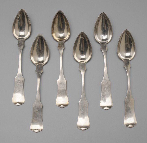 Set of Six Kentucky Coin Silver Spoons: American, 19th century: shaped fiddle handles, pointed fins, marks for J. Eubanks (Glasgow, Kentucky, working 1808-1850), monogram, 7.60 oz.T., 7-5/8 in., good condition Provenance: Private Collection
