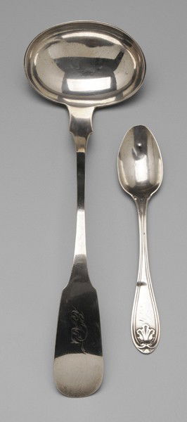 Two Pieces Virginia Coin Silver: Flatware, 19th century: ladle with downturned tipt back handle, marks for John Bishop (Wheeling, Virginia, working 1839-1860), monogram, 9-1/4 in., [good condition;] teaspoon, olive style pattern, mar