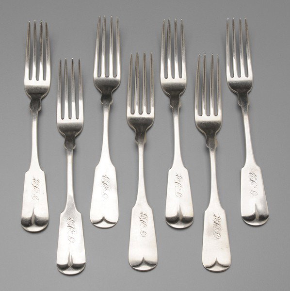 Seven Missouri Coin Silver Forks: 19th century: shaped fiddle tipt front handles, marks for Rene Beauvais (St. Louis, Missouri, working 1838-1876), no monograms, 13.95 oz.T., 7-7/8 in., some loss to tines Provenance: Private Collectio