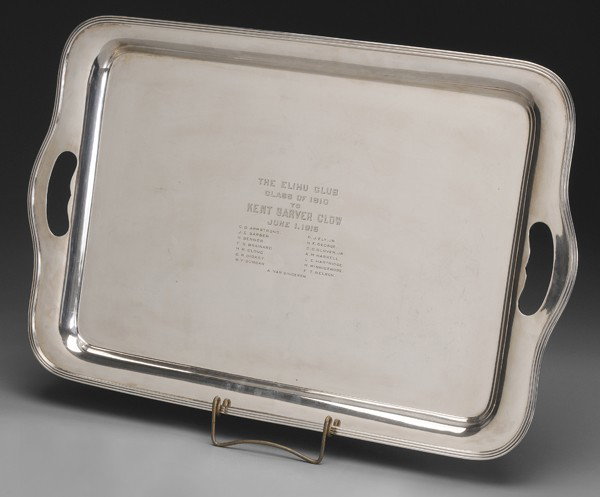 Elihu Club Yale Presentation Tray: American, early 20th century, silver-plated rounded rectangle with cut-out handles, marks for Gorham, inscribed "The Elihu Club/Class of 1910/to/Kent Sarver Clow [President]/June 1, 1915/…" with nam