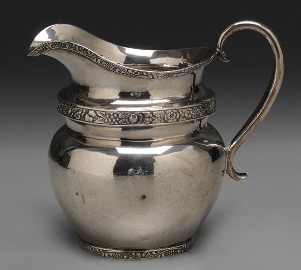 American Coin Silver Cream Pitcher: American, 19th century, bulbous form with die-rolled borders, "S" scroll handle, marks for John Crawford (New York City, Philadelphia, Pennsylvania, working 1815-1841), no monogram, 10.0 oz. T., 6 x 6