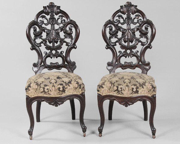 Pair American Rococo Revival Side: Chairs, possibly Southern, mid 19th century: each with carved walnut frame and faux tapestry-upholstered seats, in dark probably original surface, 41-1/4 x 18 x 23 in., excellent condition overall, mi