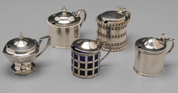 Five Silver Mustard Pots: one George III English silver; one William IV English silver; one Loring Andrews (Cincinnati, Ohio), sterling; one Wilcox sterling; one silver-plated, most with monograms; detailed listing available P