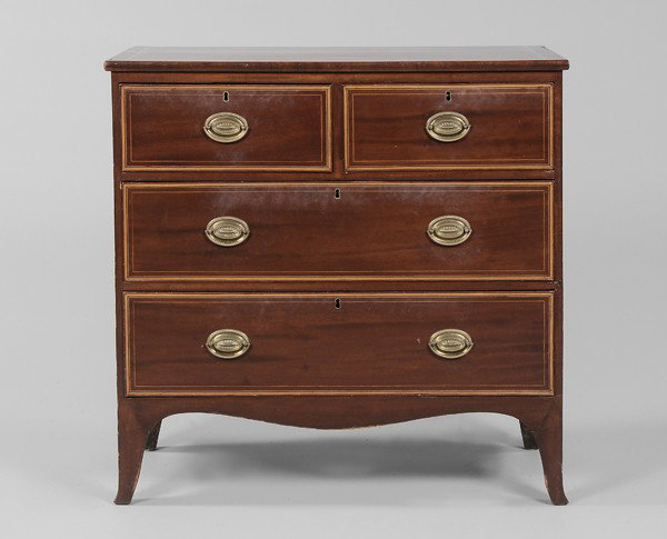 Hepplewhite Style Inlaid Mahogany: Chest, British, 19th century, dovetailed drawers with oak linings, original French feet, 35-1/2 x 36 x 18-1/2 in., good condition overall, brasses replaced, some surface wear and abrasions especially 