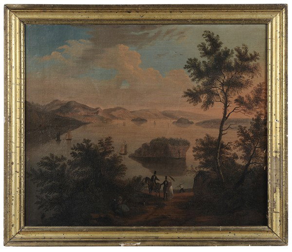 Follower of Victor De Grailly: (French, 1804-1889), East Port and Passamaquoddy Bay, after the print by William Henry Bartlett (1809-1854), unsigned, oil on canvas, 20 x 24 -1/4 in., original 19th-century lemon gilt wood frame, [or