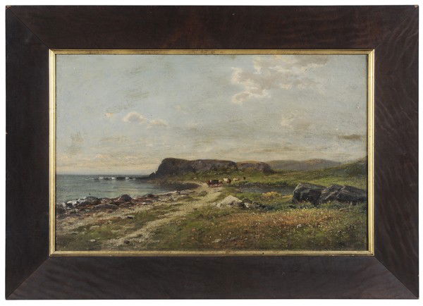 James Brade Sword: (Philadelphia, Pennsylvania, 1839-1915), Cows on a Rocky Shore, signed lower right "J.B. Sword", oil on canvas board, 14 x 22 in.; original burl veneer frame with label verso for "Edw. A. Walz & Co…