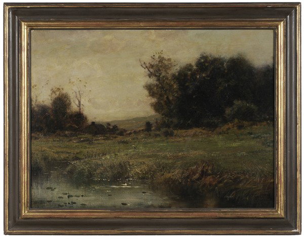 Arthur Parton: (New York, 1842-1914), Autumn Landscape, farmhouse across a field, signed lower right "Arthur Parton", oil on canvas, 22 x 29-3/4 in.; painted and gilt wood frame, laid on fiberboard, yellowed varnish