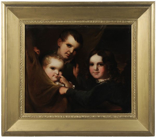 Manner of Thomas Sully: (Pennsylvania, 1783-1872), Portrait of Three Children, said to be from the Gallaher/Paxson family, oil on canvas, colorman stamp for "P. Caffe" (Philip Caffe), New York City, 21-5/8 x 27 in.; original