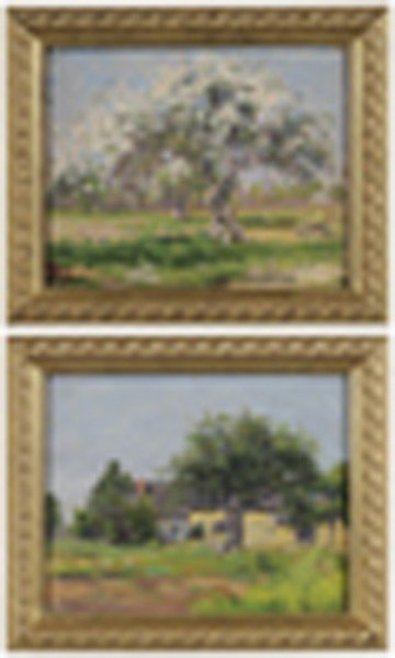 Arthur E. Ward: (Maine, 1863-1928), Two landscapes: Apple Orchard, Farm House, both unsigned, oil on canvas, each 7-1/2 x 9-1/2 in.; matching modern gilt wood frames, unstretched with six tack holes at edges, one wit