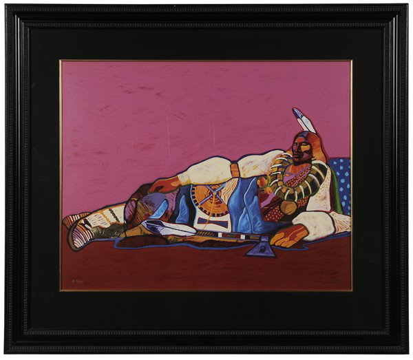 John Nieto: (Texas/New Mexico, born 1936), Reclining Ponca Chief, artist proof 38/75, signed verso "Nieto", serigraph on paper, 25 x 31-1/2 in.; black-painted ripple molding frame with Plexiglas, not examined out