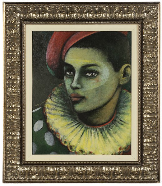 Jean Claude Legagneur: (Haitian, born 1947), Harlequin, signed lower left "Legagneur", oil on canvas, 20 x 16 in.; modern gilt silver frame, good condition Provenance: Private Collection