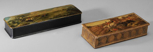 Two Boxes, Horses and Hounds: one [papier maché] with fine hand-painted fox hunting scene, British, 19th century, 11-3/4 in., [minor surface wear, small crack at one hinge;] one composition, lid with offset print of fox hunting s