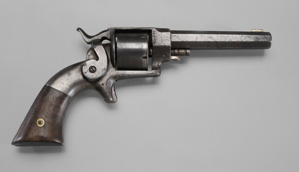 Allan 32 Side-Hammer Rimfire Revolver: third model, 4 in. octagonal barrel marked "Ethan Allan & Co., Worcester, Mass." and "July 3, 1860", 1 in. cylinder, spur trigger, original grips, old dark pewter color with scattered light corrosion 