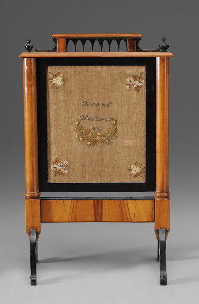 Biedermeier Screen with Needlework: Panel, probably English, 19th century, one side with troubadour playing lute, other side stitched "Joseph Holzner 1832", on Biedermeier style base, 16-1/2 x 10-1/2 in., fading to needlework; cracks at