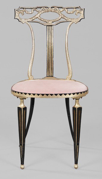 Italian Paint-Decorated Side Chair: 20th century, marks for Palladio, parcel gilt and black-painted metal frame, pink velvet upholstered slip seat, 33-1/2 x 17 x 16 in., scattered chips and losses to gilding and painted surface, velvet 