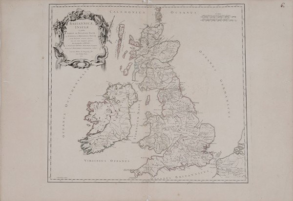 18th Century Map of Great Britain: "[Brittanicae, Insulae in quibis Albion Seu Brittania Major, et Ivernia Seu Brittania Minor…,]" by Nicholas Sanson, engraved by Robert De Vaugondy, 1750, copper engraving hand colored in outline, "6