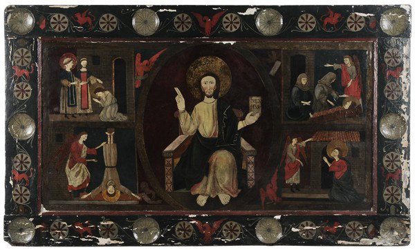 Byzantine or Byzantine Style Icon: (possibly 11th century or later), Christ in Majesty, within a central cartouche flanked by four creatures derived from Ezekial's vision and which later represented the Four Gospel Writers, tempera on 
