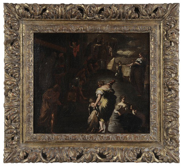 After Tintoretto: (Jacopo Robusti Tintoretto, Italian, 1519-1635), The Presentation of the Virgin, unsigned, a 17th-century copy, 12-3/8 x 14-1/8 in.; 20th century Italian baroque style carved and gilt wood frame, rest