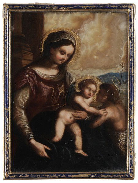Italian School: (Venetian, 17th century), Madonna and Christ, greeting John the Baptist, unsigned, oil on alabaster, 7-1/8 x 5-1/2 in.; 20th-century painted wood frame, repaired crack bottom right and upper left, chi