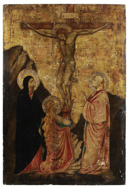 Italian School: (late 13th/early 14th century style), The Crucifixion, tempera on panel, unframed, 28-5/8 x 19-5/8 in., darkened retouch, cleavage, flaking of gesso, abrasions, splits to support crudely repaired, une