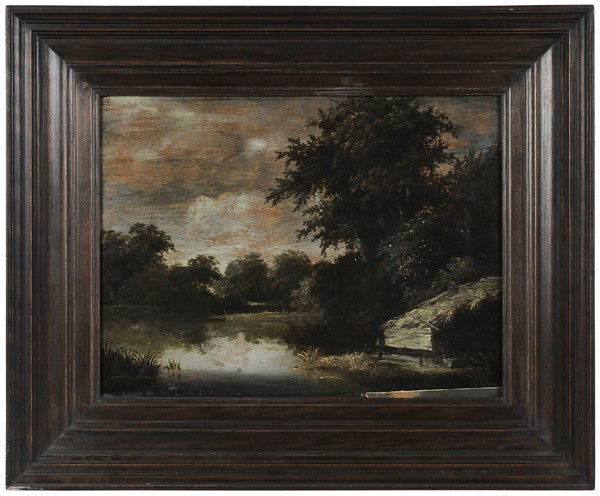 Dutch School: (17th century), River Landscape, fishermen and boathouse, unsigned, oil on panel, two wax seals verso, 13-7/8 x 17-3/4 in.; Dutch wood frame, repaired, areas of overcleaning, chip bottom right lacking