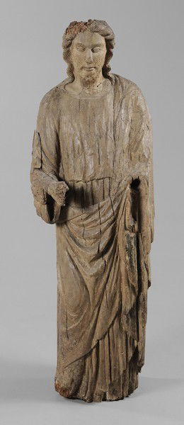 Italian or German School: (18th century or earlier), Saint or possibly Christ, carved wood, 56-1/2 in., break at neck, lacking appendage, one appendage possibly replaced, traces of original polychrome, splits, pest damage with