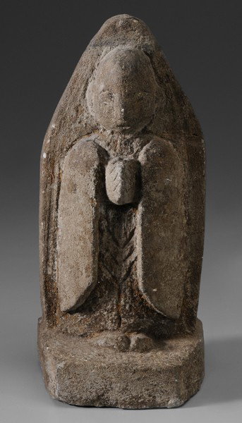 French School: (possibly 14th century or earlier), Praying Saint, likely an architectural fragment, carved limestone, 9-1/2 x 4-3/8 x 4-1/8 in., accretion at top, wear from weather, abrasions Provenance: A New York
