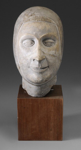Franco-Flemish School: (possibly late 15th/early 16th century), Head of a Man, carved limestone, 10-3/4 x 5-1/4 x 8-1/4 in., 14-3/8 x 5-1/4 x 8-1/4 in. with new wood base, repaired crack, repairs to nose Provenance: A New Y