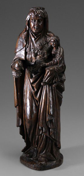 German School: (Rhine, late 15th/early 16th century), Saint Anne with The Virgin and Child, carved wood, 24-1/8 x 7-7/8 x 7-3/8 in., Christ lacking two digits, possibly lacking original polychrome, St. Anne's proper