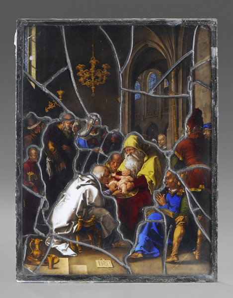 Stephan Kellner: (Nuremberg, Germany, 1812-1867), rare gothic revival finely painted, stained and leaded glass window after a work by Hendrik Goltzius (16th century) titled "Circumcision" in the Church of St. Bravo, H