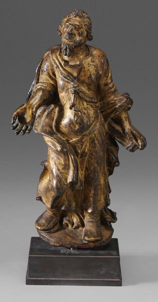German School: (possibly 17th century), An Apostle, gilt relief bronze, 17-3/4 x 9-3/8 x 5-1/8 in. with new metal stand, wear to gilt surface, iron mounting post verso, possible loss to two digits, abrasions Provena