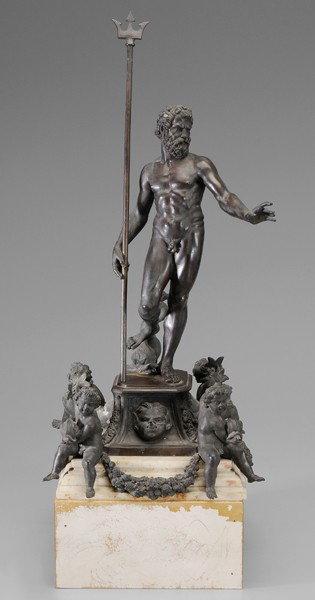 Fountain After Giambologna: (Italian/French, 1529-1608, 19th century), Neptune With Trident, foot on dolphin represented in portion after the complete fountain designed by Tommaso Laureti, with bronze and marble plinth course su