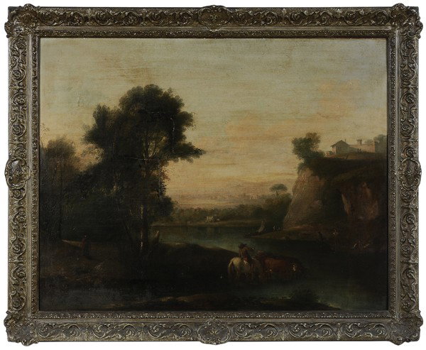 Follower of Richard Wilson: (Welsh, 1714-1782), Italianate Landscape, figure on horseback, cow drinking, unsigned, oil on canvas, 28 x 36-1/4 in.; painted wood and composition frame, lined with wheat paste and linen, two periods