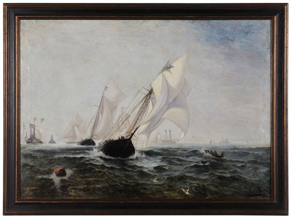 Colin Hunter: (Scottish, 1841-1904), Twin Vessels at Full Sail, signed lower right "Colin Hunter RA", oil on canvas, 28 x 39 in.; 20th century painted wood frame, restretched, lined with paste and linen, retouch in