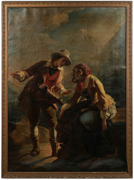 Italian School: (early 19th century), Gypsies Resting on a Mountain Pass, unsigned, oil on canvas, 53-1/4 x 39 in.; painted and gilt wood frame, yellowed varnish, small hole upper right, area of rough fill lower left