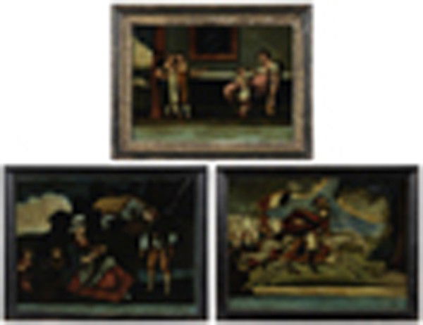 British School: (19th century), Three scenes, reverse-applied prints on glass: Morning, after W. B. Walker, 10-1/4 x 14 in.; The Flight of Bonaparte, published by Hinton, 10-1/4 x 14-1/4 in., [break in glass;] Hop Pi