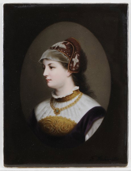 After Friedrich Bodenmüller: (German, 1845-1913), Portrait of a Young Woman, jeweled cap and velvet dress, signed lower right "F. Bodenmüller" and stamped "314E", hand-painted porcelain plaque (probably KPM), unframed, 8-1/8 x 6