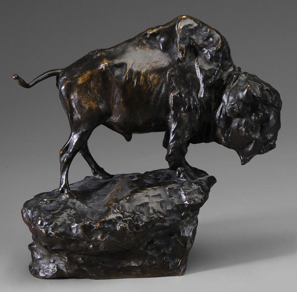 After Carl Milles: (Swedish, 1875-1955), American Bison, signed on base "Carl Milles", patinated bronze recast, 14-3/8 x 14-7/8 x 6 in., medium brown patina, abrasions Provenance: A New York Collection