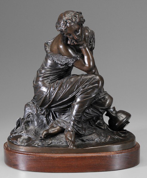 Pierre-Alexandre Schoenewerk: (French, 1820-1885), A Nymph by a Stream, possibly Arethusa, signed "Schoenewerk Scptr.", foundry mark "L Marchand", patinated bronze, 16 x 15-3/8 x 8 in.; accompanied by later wood base, abrasions Pr