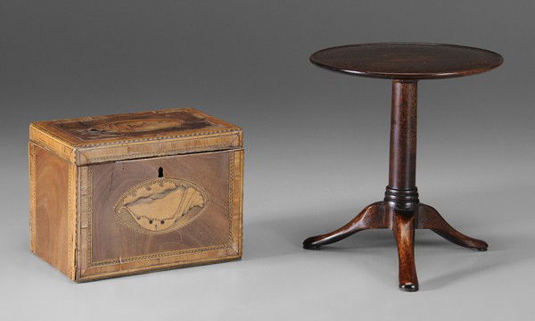 Inlaid Tea Box, Miniature Candle Stand: tea box, inlaid shell reserves with herringbone and banded borders, two interior unlidded compartments, British, 19th century, 5-1/2 x 7 x 4-1/2 in., [losses and separations to veneer, later fabric bo