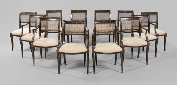 Set of Twelve Regency Style Caned and: Paint-Decorated Dining Chairs, British, the six armchairs late 19th century, the six side chairs 20th century: beechwood frames, each with caned back and upholstered seat, faux grain-painted surfaces 