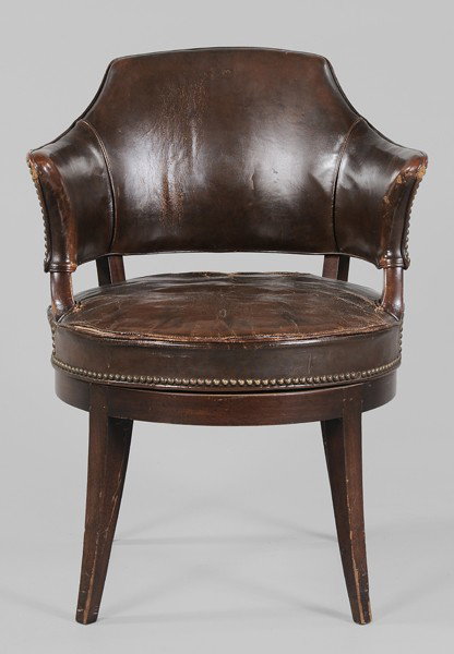 Hepplewhite Style Revolving [Fauteuil: a la Bureau] (Desk Chair), early 20th century, chocolate-brown leather upholstery with brass tacking, mahogany frame with tapered legs, 33 x 24 x 22 in., cracks and wear to leather, frame with surface