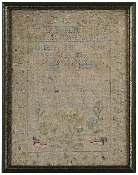 1753 Schoolgirl Needlework: probably British, center panel with four-line verse and "Alice Simpson" stitched above a spray of flowers, crowns, several sets of initials and the date "1753" stitched top, wide floral spray border,