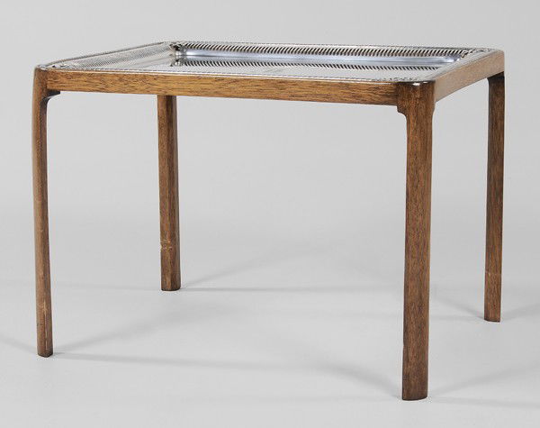 Side Table With Silver-Plated Tray: American, 20th century, rounded rectangular Gorham silver-plated tray in fitted wood side table, monogram, 19 x 20-1/2 x 26-1/4 in., good condition, minor loss to plate, light scratches Provenance: Pr