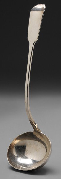 English Silver Ladle: London, 1837, downturned fiddle handle, pointed fins, marks for John and Henry Lias, no monogram, .925 fine, 9.18 oz.T., 13 in., good condition, light scratches Provenance: Private Collection, Atlanta