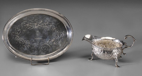 English Silver Creamer, Tray: repousse creamer, scroll handle and feet, marks rubbed, probably London, mid/late 18th century, no monogram, 3 x 5-1/4 x 3 in.; oval tray, bead border, marks for Andrew Fogelber & Stephen Gilbert, Lon