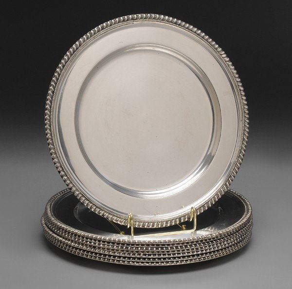 Set of Eight Portuguese Silver Plates: Porto, Portugal, 20th century, gadroon and bead borders, no monograms, .833 fine, 165.10 oz.T., 10-3/4 in., good condition Provenance: Private Collection, Virginia