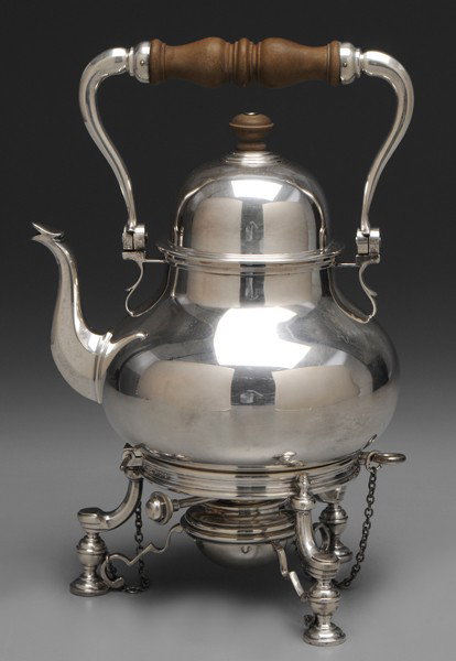 Tiffany English Silver Hot Water: Kettle, London, 1970, Colonial style, pear form, turned wooden handle and finial, all marks match, retailer Tiffany & Co., maker Richard Comyns, no monogram, .925 fine, 63.86 oz.T., 12-1/2 x 8-1/4 x 7