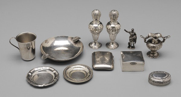 Assorted Silver Items: includes Austrian saucer; English silver case; Mexican sterling box; Mexican sterling saucer; seal with figure of Caesar; pair shakers; mug; hammered ashtray; miniature vase; oval box, most .800 fine,