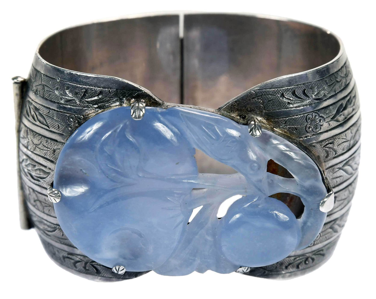Chinese Silver Cuff Bracelet with Carved Lavender Jade (1 of 11)